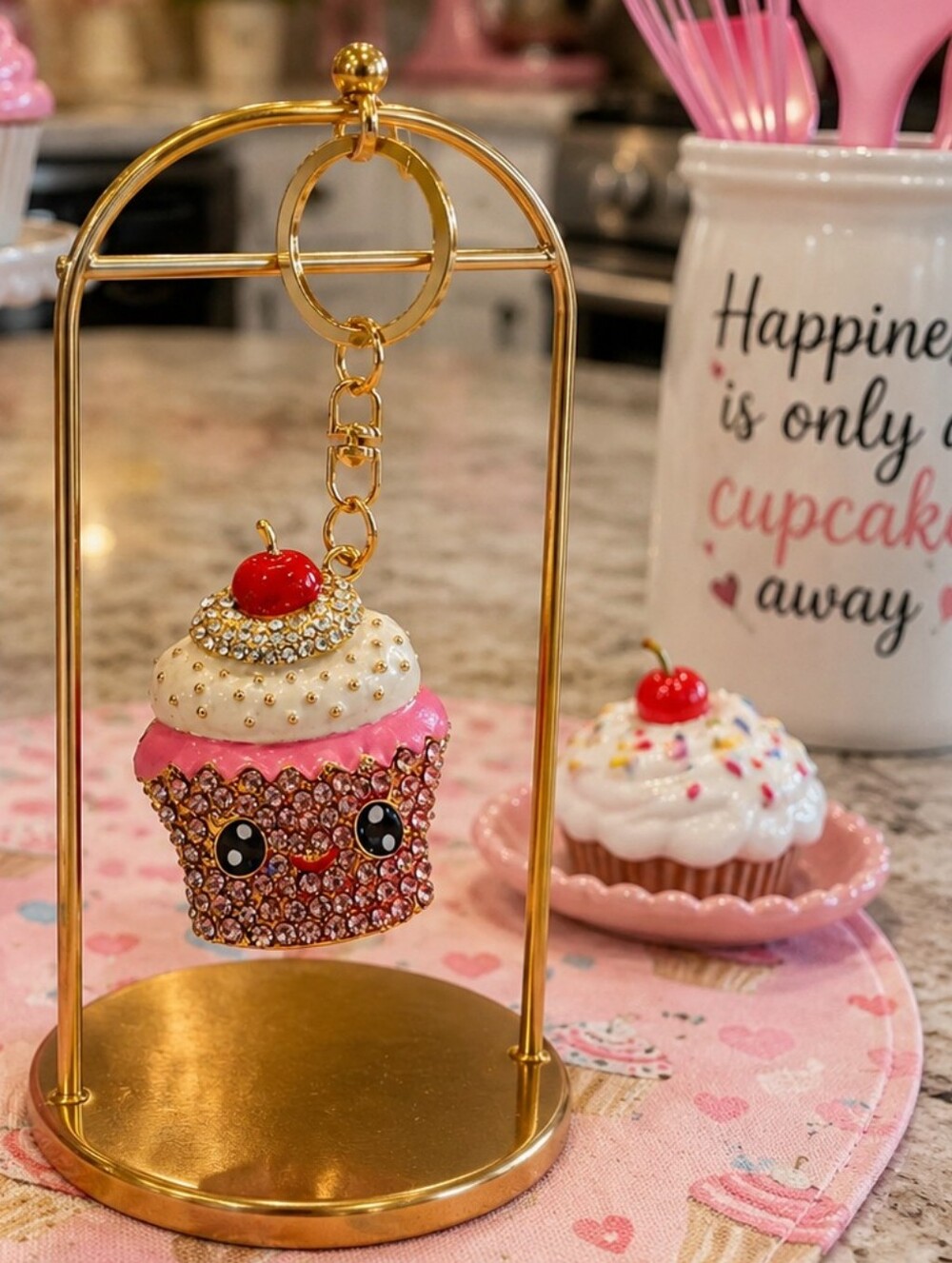 RHINESTONE ENAMEL HAPPY FACE CUPCAKE BAG CHARM NWT - Picture 1 of 2